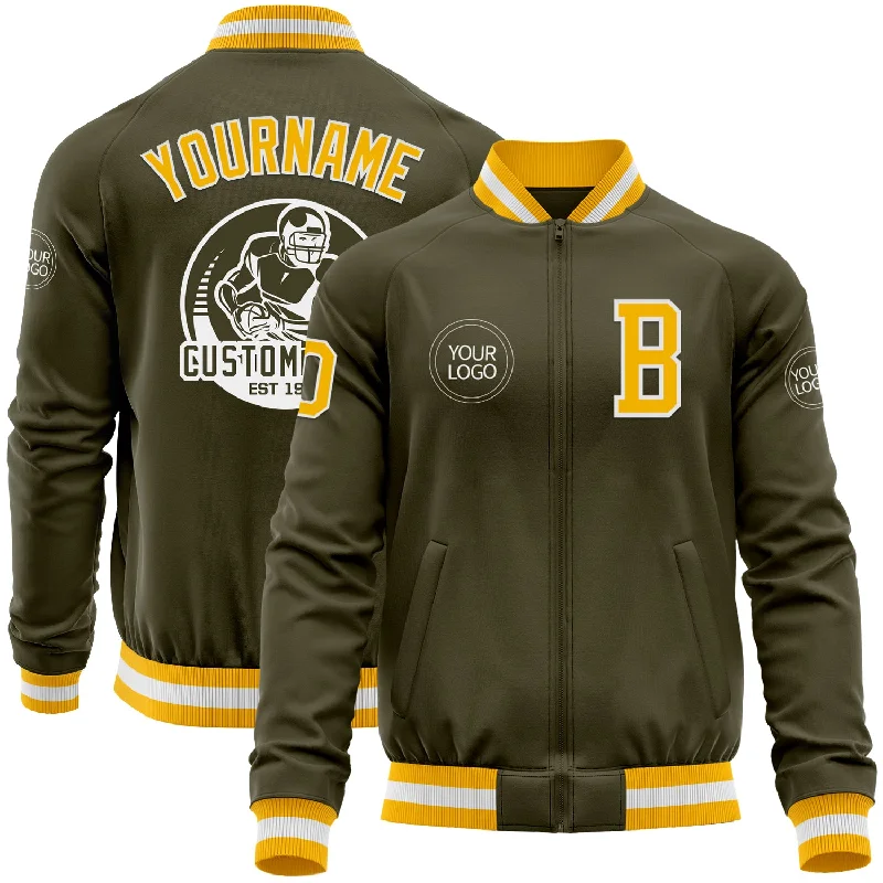 Fishing rod repair wrap-Custom Olive Gold-White Bomber Varsity Letterman Salute To Service Zipper Jacket