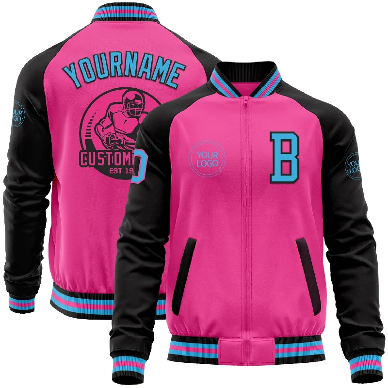 Fishing line guide-Custom Pink Sky Blue-Black Bomber Varsity Letterman Two Tone Zipper Jacket