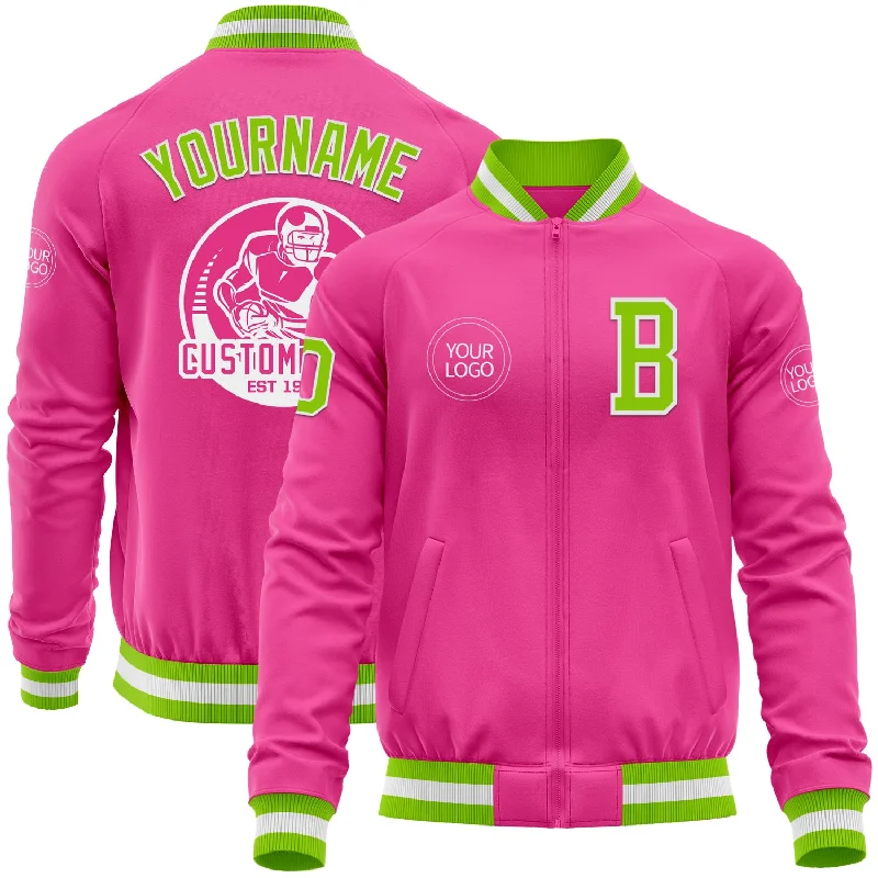 Fishing tackle chest-Custom Pink Neon Green-White Bomber Varsity Letterman Zipper Jacket