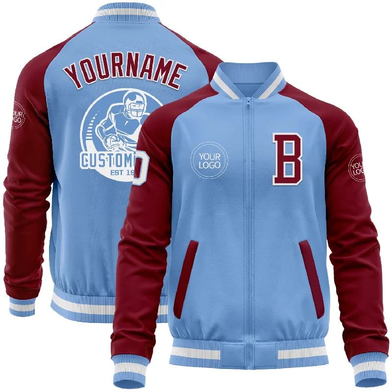 Fishing reel storage sleeve-Custom Light Blue White-Crimson Bomber Varsity Letterman Two Tone Zipper Jacket