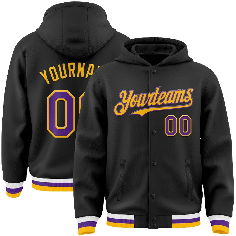 Fishing hook extractor kit-Custom Black Purple-Gold Bomber Full-Snap Varsity Letterman Hoodie Jacket