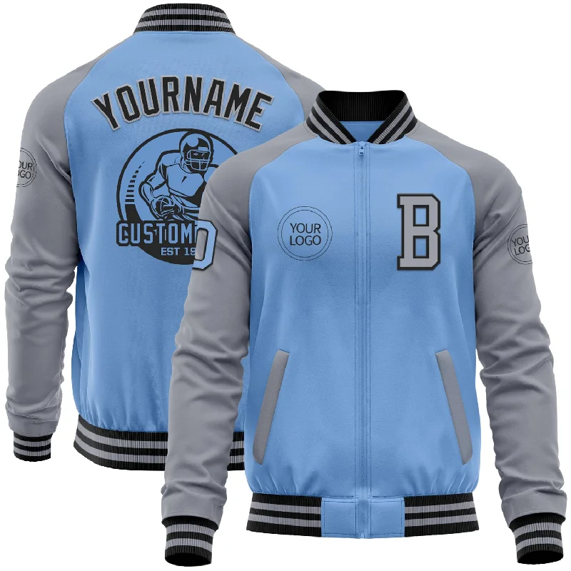 Fishing hook sharpening system-Custom Light Blue Black-Gray Bomber Varsity Letterman Two Tone Zipper Jacket