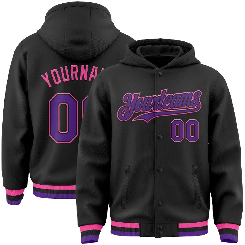 Fishing tackle divider tray-Custom Black Purple-Pink Bomber Full-Snap Varsity Letterman Hoodie Jacket