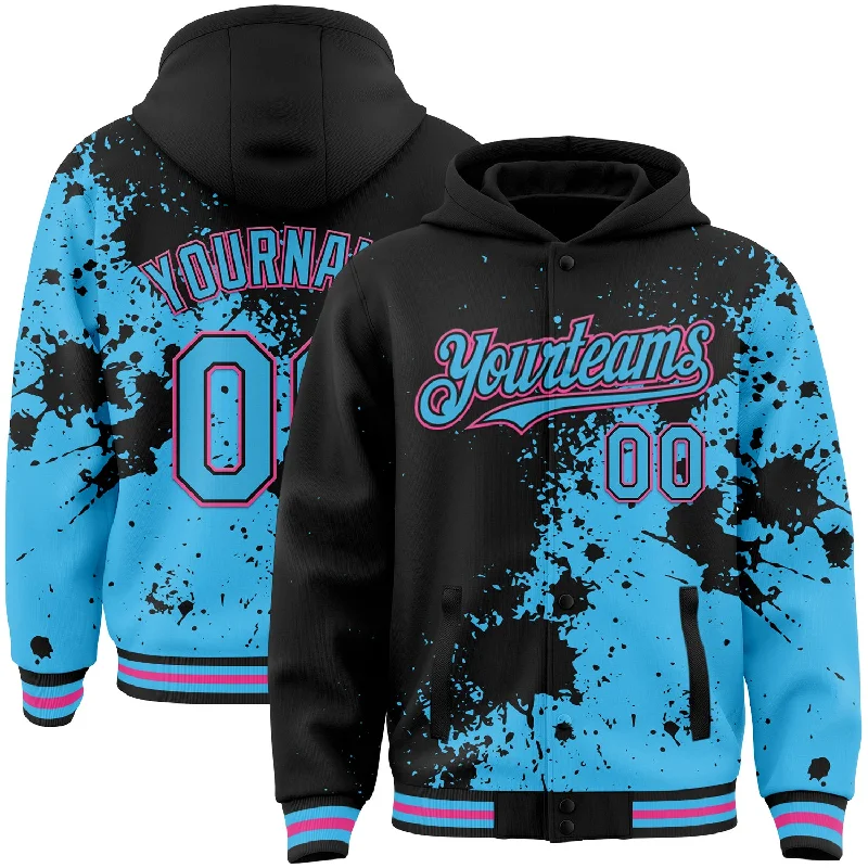 Fishing hook release tool-Custom Black Sky Blue-Pink Abstract Splash Grunge Art 3D Pattern Design Bomber Full-Snap Varsity Letterman Hoodie Jacket