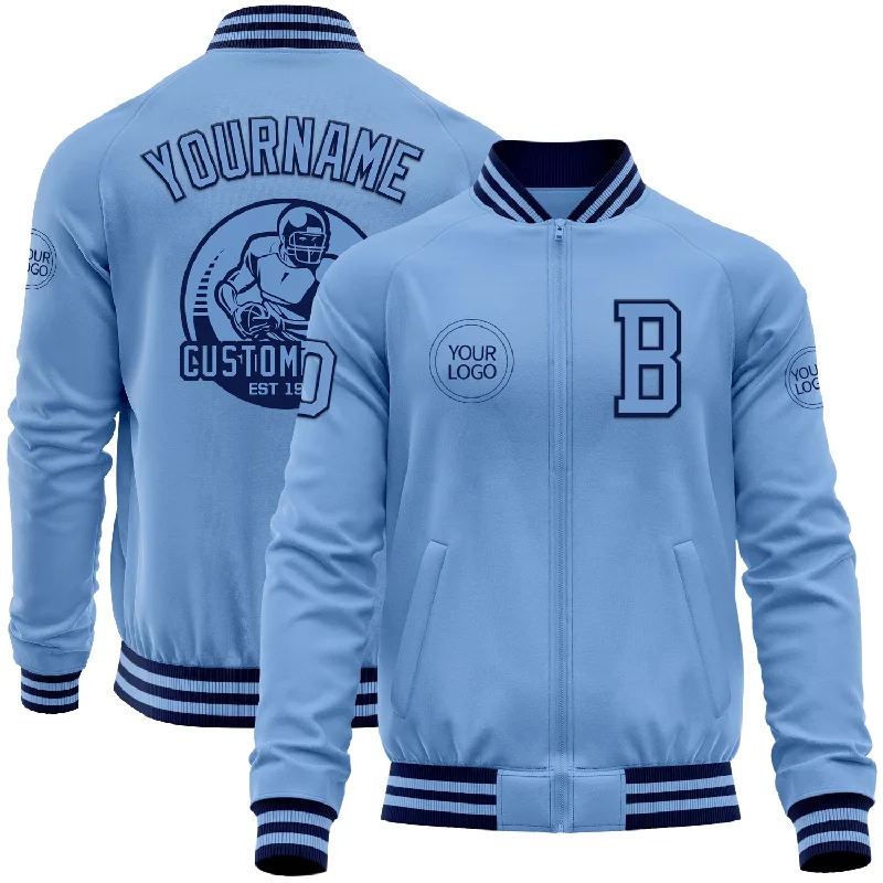 Fishing reel handle upgrade-Custom Light Blue Navy Bomber Varsity Letterman Zipper Jacket