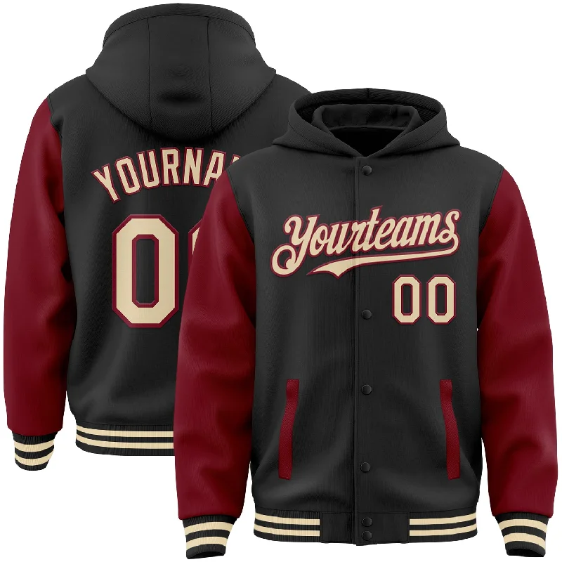 Fishing scale portable-Custom Black Cream-Crimson Bomber Full-Snap Varsity Letterman Two Tone Hoodie Jacket