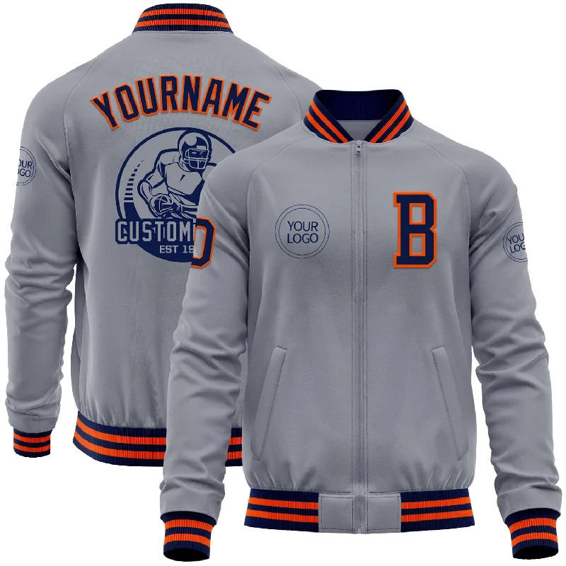 Fishing line spooling aid-Custom Gray Navy-Orange Bomber Varsity Letterman Zipper Jacket