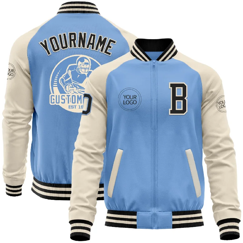 Fishing tackle transport rack-Custom Light Blue Black-Cream Bomber Varsity Letterman Two Tone Zipper Jacket