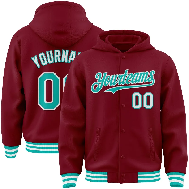 Fishing bait spoon-Custom Crimson Aqua-White Bomber Full-Snap Varsity Letterman Hoodie Jacket