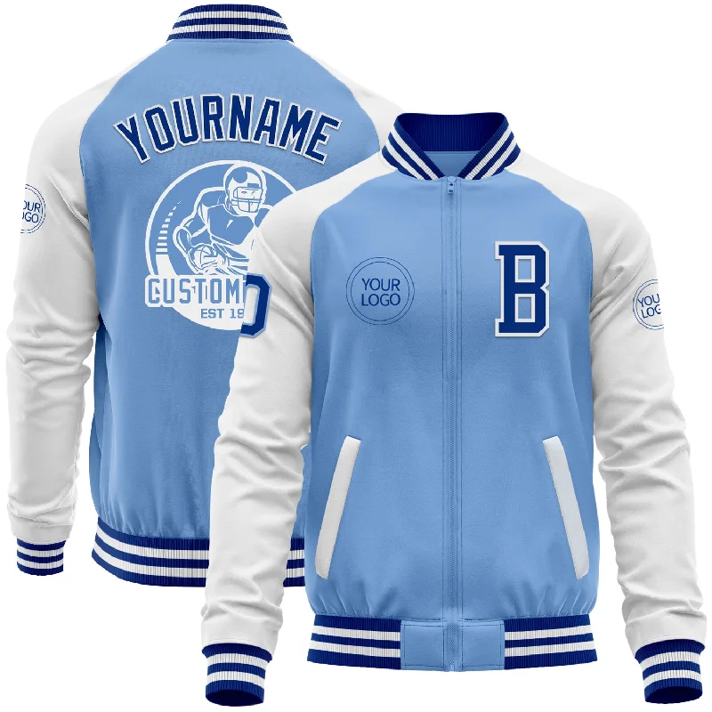 Fishing reel maintenance device-Custom Light Blue Royal-White Bomber Varsity Letterman Two Tone Zipper Jacket