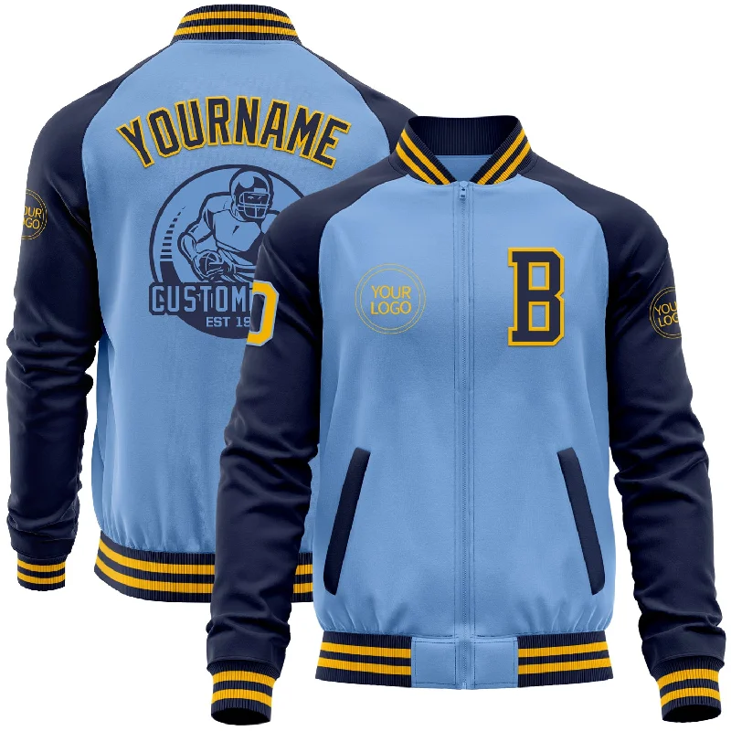 Fishing reel servicing wrench-Custom Light Blue Gold-Navy Bomber Varsity Letterman Two Tone Zipper Jacket