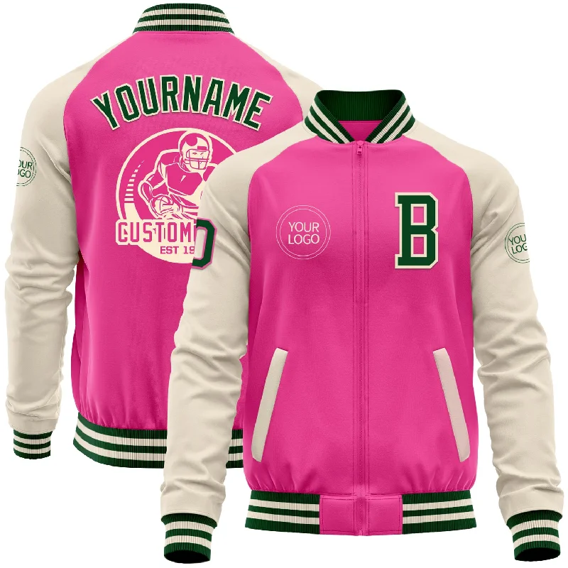 Fishing reel repair tool-Custom Pink Green-Cream Bomber Varsity Letterman Two Tone Zipper Jacket