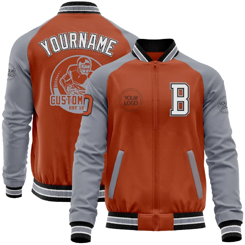 Fishing hook sharpening file-Custom Texas Orange Black-Gray Bomber Varsity Letterman Two Tone Zipper Jacket