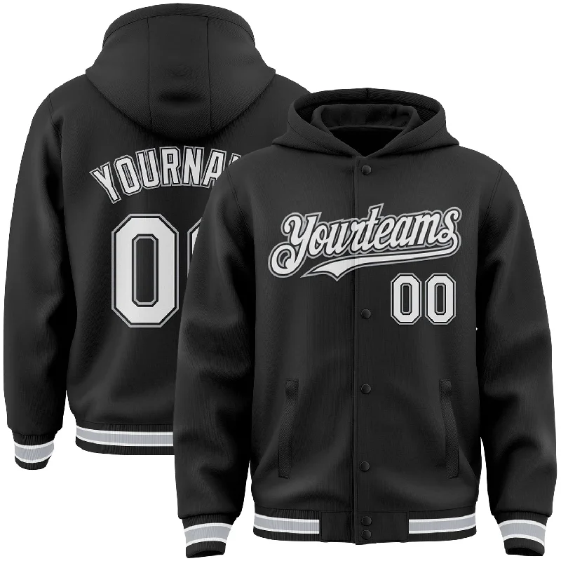 Fishing line winder machine-Custom Black White-Gray Bomber Full-Snap Varsity Letterman Hoodie Jacket