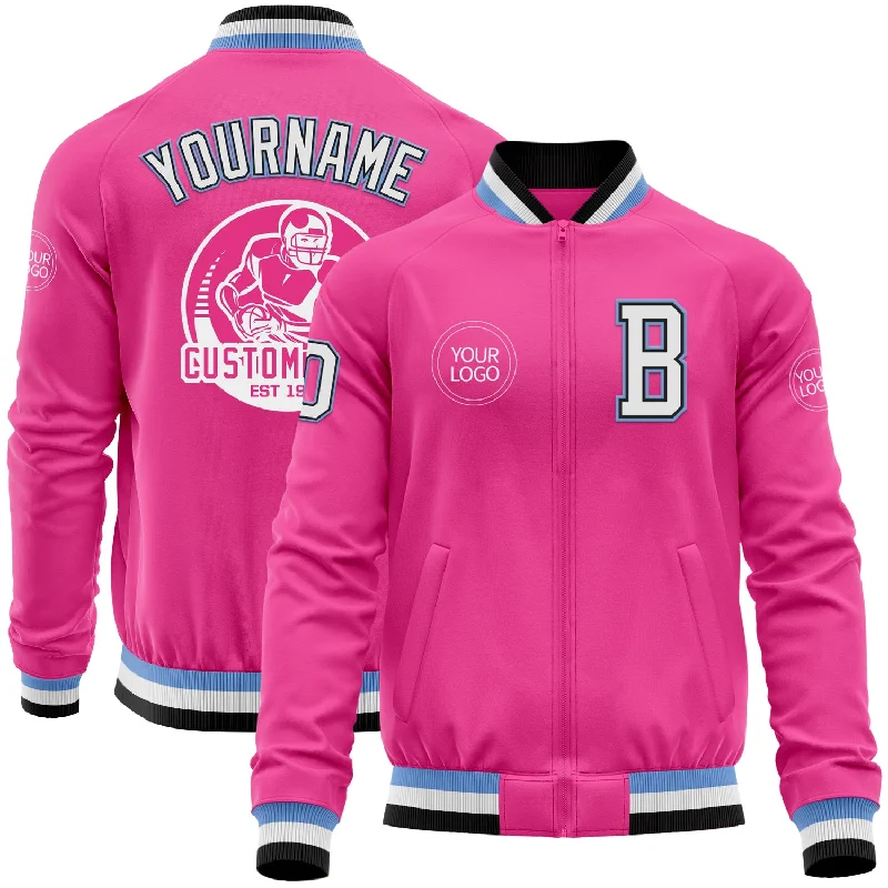 Fishing reel pouch-Custom Pink Black-Light Blue Bomber Varsity Letterman Zipper Jacket