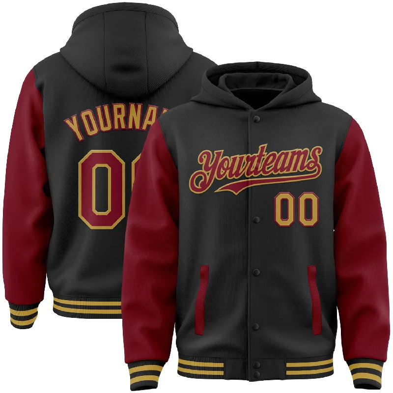 Fishing rod guide adhesive-Custom Black Crimson-Old Gold Bomber Full-Snap Varsity Letterman Two Tone Hoodie Jacket