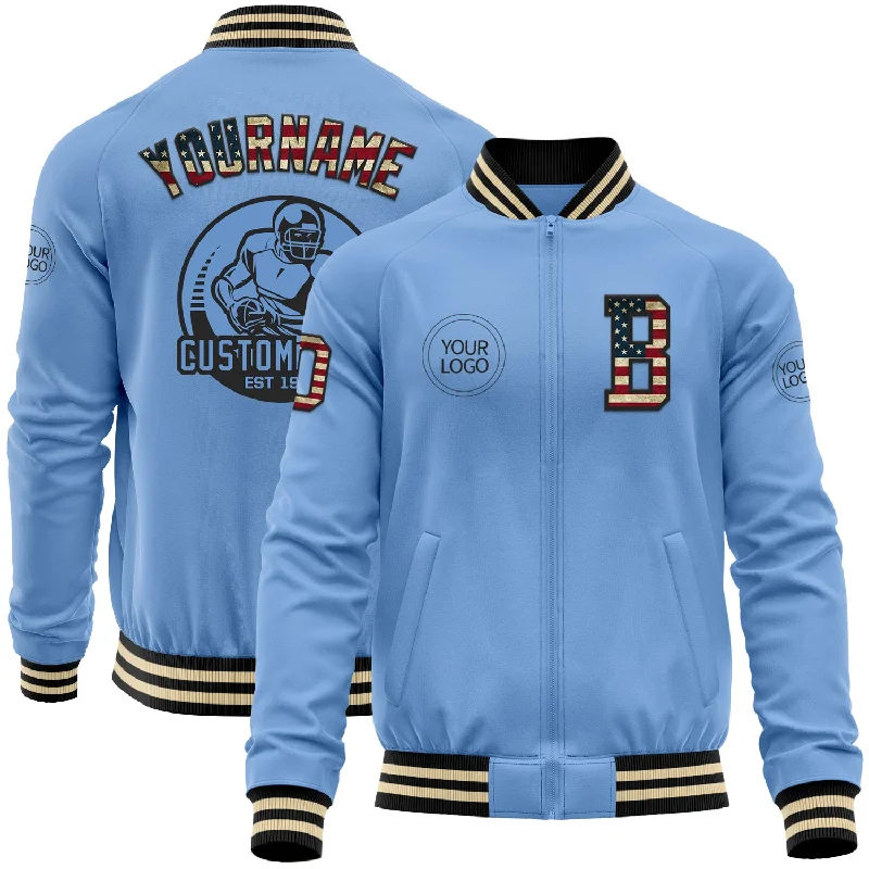 Fishing reel bearing kit-Custom Light Blue Vintage USA Flag Black-Cream Bomber Varsity Letterman Zipper Jacket