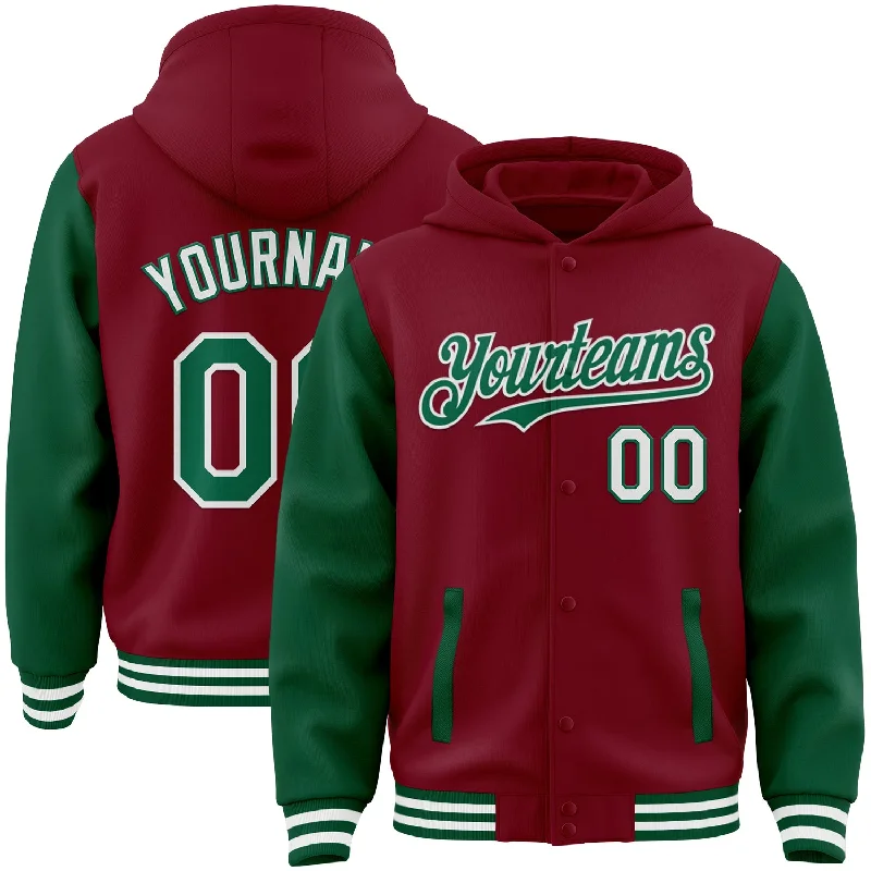 Fishing rod mounting strap-Custom Crimson Kelly Green-White Bomber Full-Snap Varsity Letterman Two Tone Hoodie Jacket