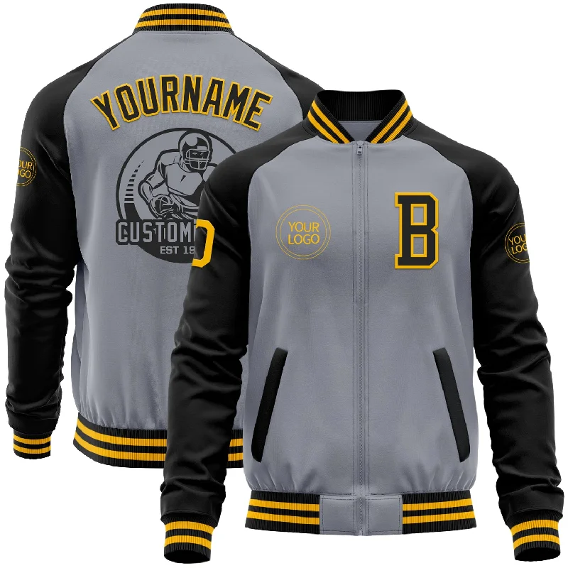 Fishing reel adjustment tool-Custom Gray Gold-Black Bomber Varsity Letterman Two Tone Zipper Jacket