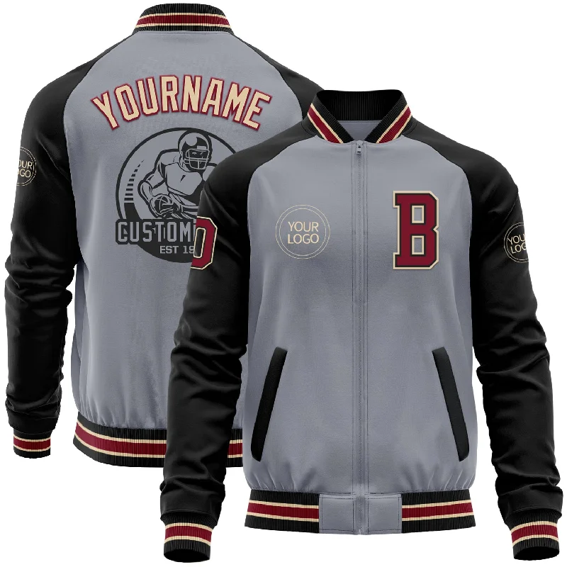 Fishing line winder machine-Custom Gray Crimson Black-City Cream Bomber Varsity Letterman Two Tone Zipper Jacket