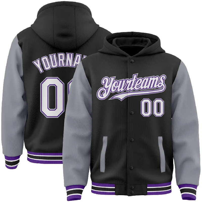 Fishing tackle modular rack-Custom Black Gray-Purple Bomber Full-Snap Varsity Letterman Two Tone Hoodie Jacket