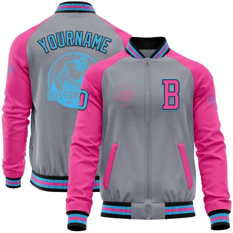 Fishing reel servicing kit-Custom Gray Sky Blue Black-Pink Bomber Varsity Letterman Two Tone Zipper Jacket