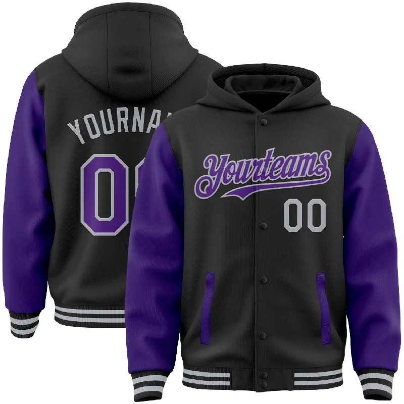 Fishing pliers fishing line-Custom Black Purple-Gray Bomber Full-Snap Varsity Letterman Two Tone Hoodie Jacket