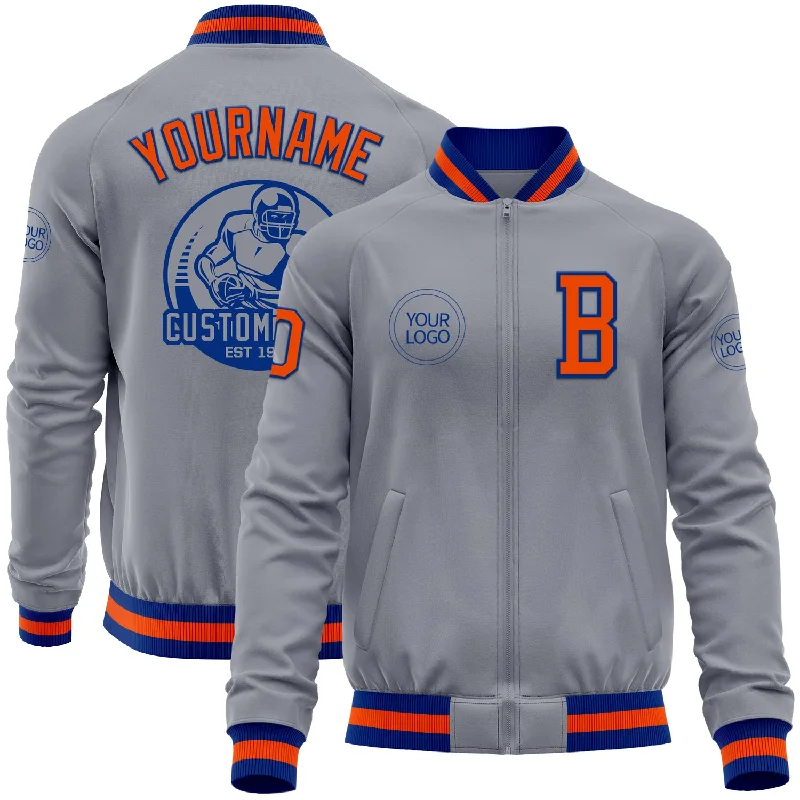 Fishing hook honing tool-Custom Gray Orange-Royal Bomber Varsity Letterman Zipper Jacket