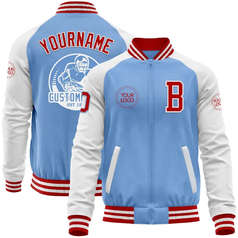 Fishing tackle stacking shelf-Custom Light Blue Red-White Bomber Varsity Letterman Two Tone Zipper Jacket