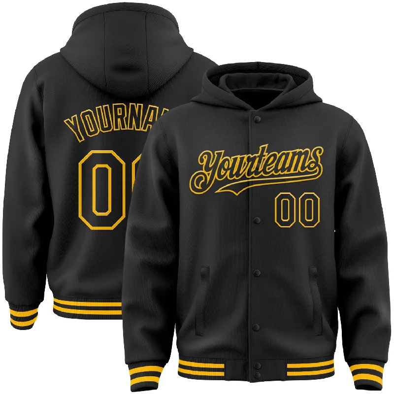 Fishing rod mounting strap-Custom Black Gold Bomber Full-Snap Varsity Letterman Hoodie Jacket