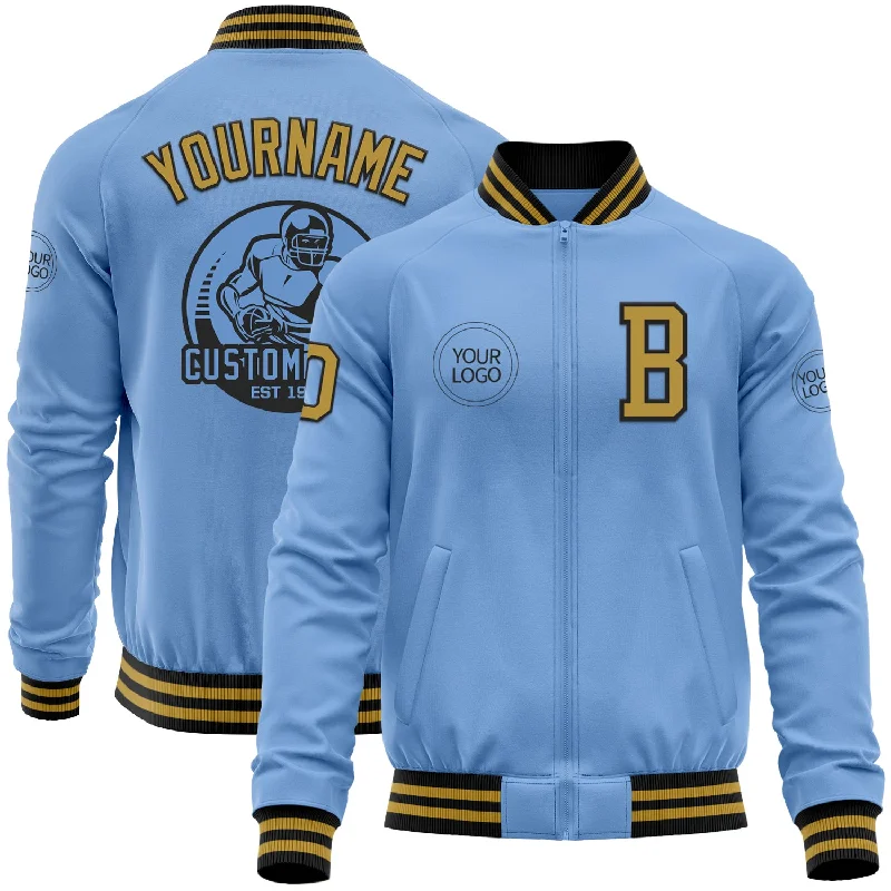 Fishing reel oil-Custom Light Blue Old Gold-Black Bomber Varsity Letterman Zipper Jacket