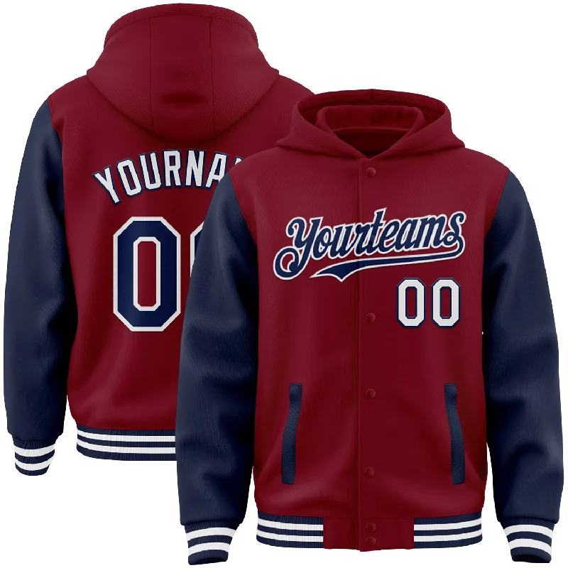 Fishing hook remover accessory-Custom Crimson Navy-White Bomber Full-Snap Varsity Letterman Two Tone Hoodie Jacket