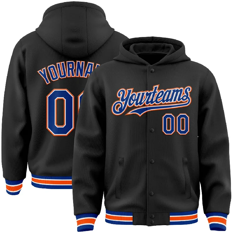 Fishing hook sharpening device-Custom Black Royal-Orange Bomber Full-Snap Varsity Letterman Hoodie Jacket