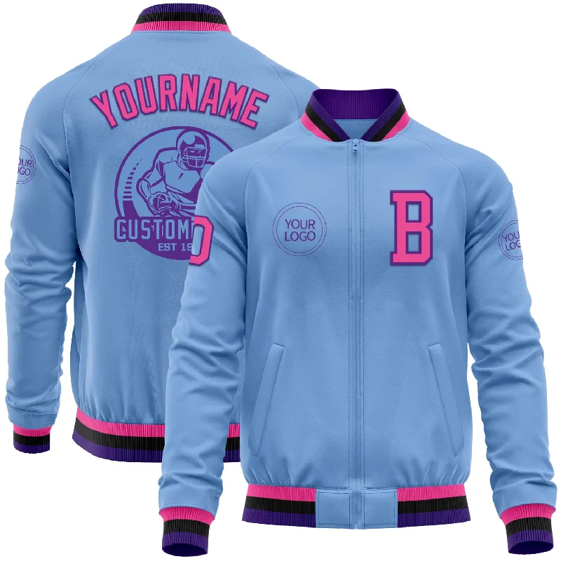 Fishing line braider-Custom Light Blue Pink Purple-Black Bomber Varsity Letterman Zipper Jacket