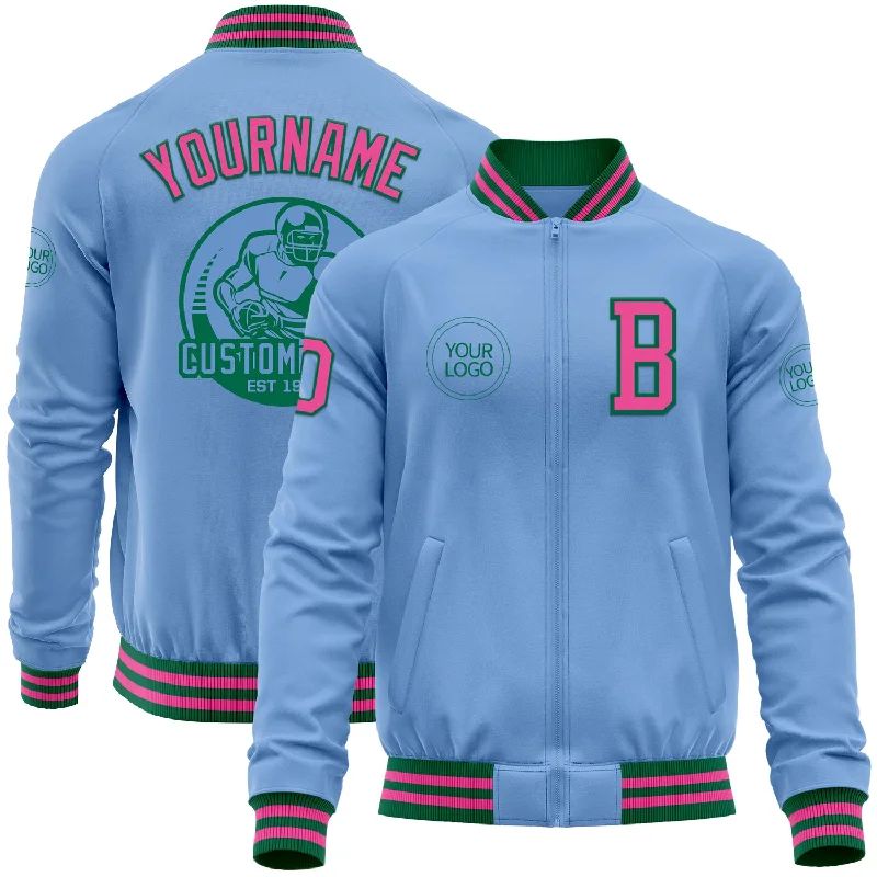 Fishing tackle organizer-Custom Light Blue Pink-Kelly Green Bomber Varsity Letterman Zipper Jacket