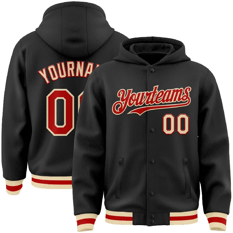 Fishing line spooler portable-Custom Black Red-Cream Bomber Full-Snap Varsity Letterman Hoodie Jacket