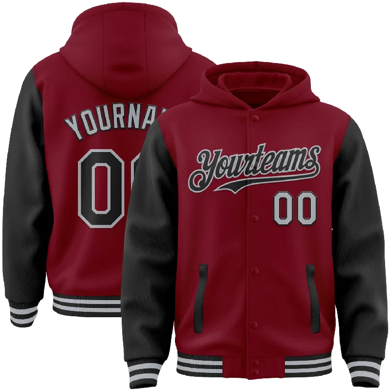 Fishing reel bag-Custom Crimson Black-Gray Bomber Full-Snap Varsity Letterman Two Tone Hoodie Jacket