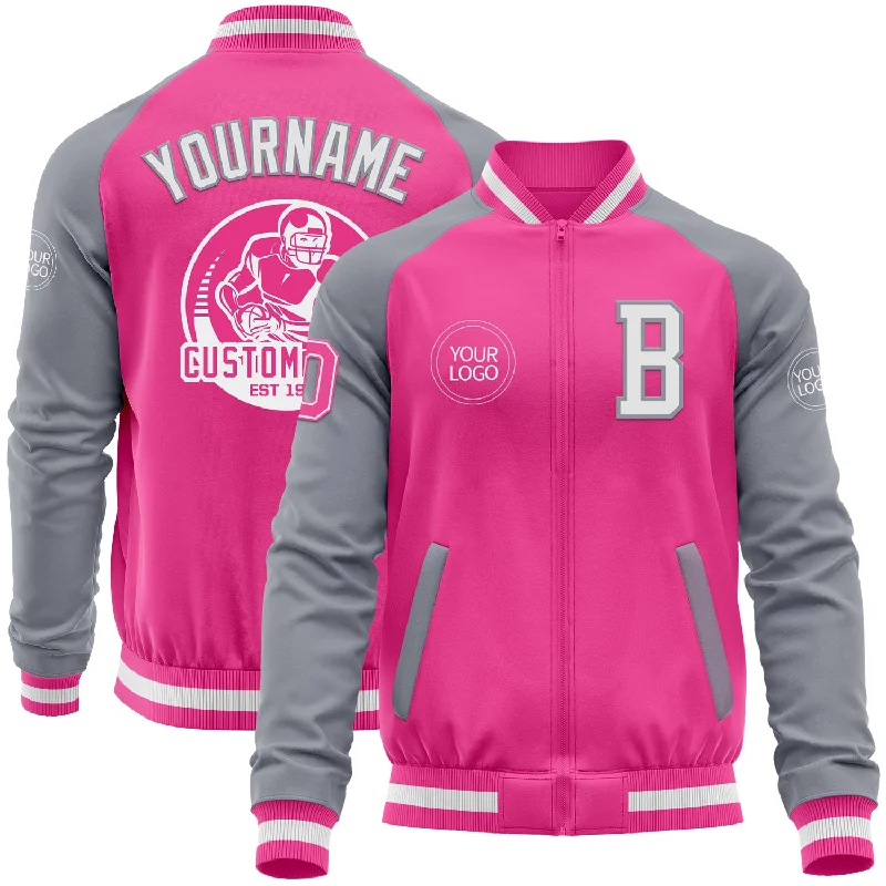 Fishing tackle binder-Custom Pink White-Gray Bomber Varsity Letterman Two Tone Zipper Jacket