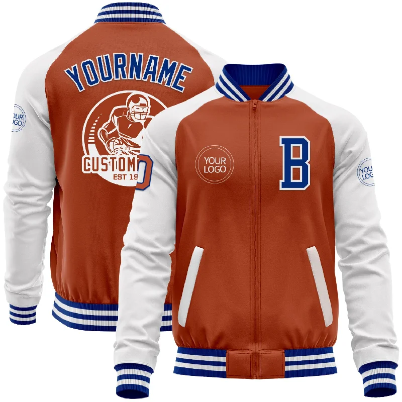 Fishing hook honing tool-Custom Texas Orange Royal-White Bomber Varsity Letterman Two Tone Zipper Jacket