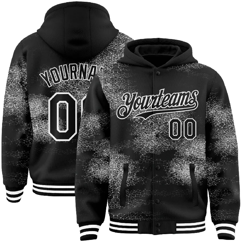 Fishing line spool holder-Custom Black White Abstract Network 3D Pattern Design Bomber Full-Snap Varsity Letterman Hoodie Jacket