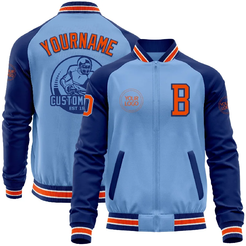 Fishing tackle portable shelf-Custom Light Blue Orange-Royal Bomber Varsity Letterman Two Tone Zipper Jacket