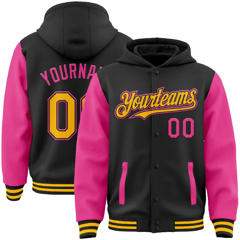 Fishing bait prep device-Custom Black Gold-Pink Bomber Full-Snap Varsity Letterman Two Tone Hoodie Jacket