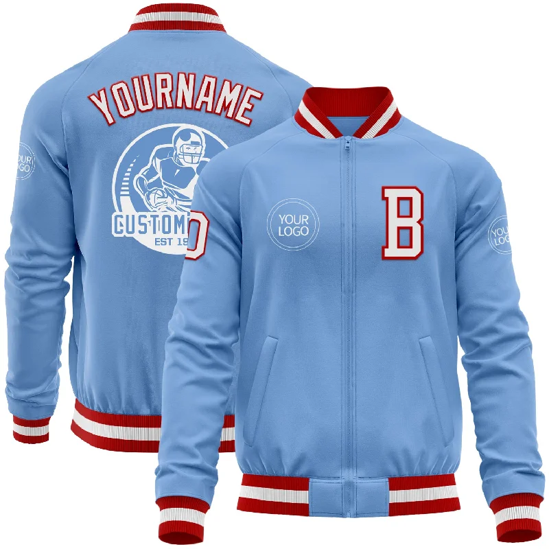 Fishing line spooler-Custom Light Blue White-Red Bomber Varsity Letterman Zipper Jacket