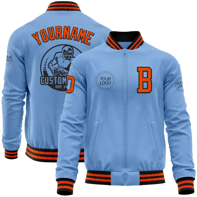 Fishing tackle holder-Custom Light Blue Orange-Black Bomber Varsity Letterman Zipper Jacket