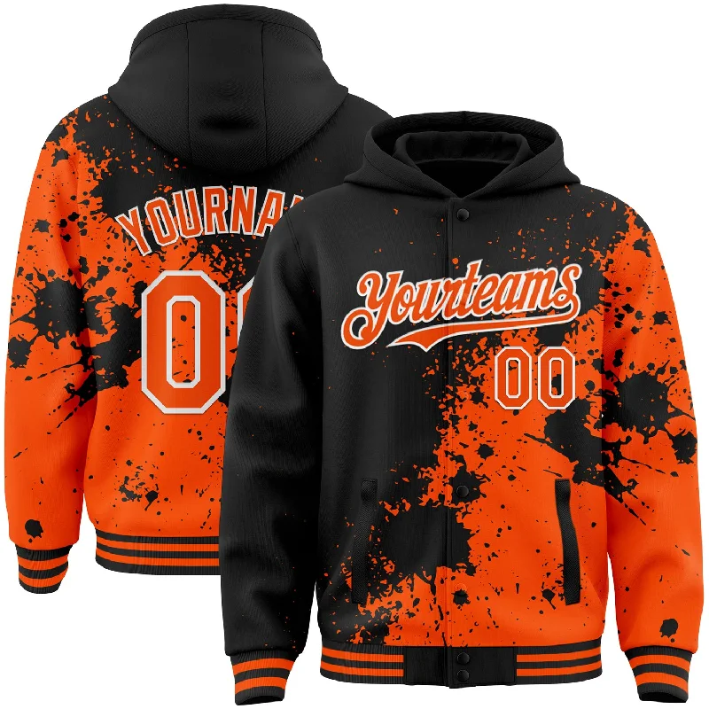 Fishing line spooling aid-Custom Black Orange-White Abstract Splash Grunge Art 3D Pattern Design Bomber Full-Snap Varsity Letterman Hoodie Jacket