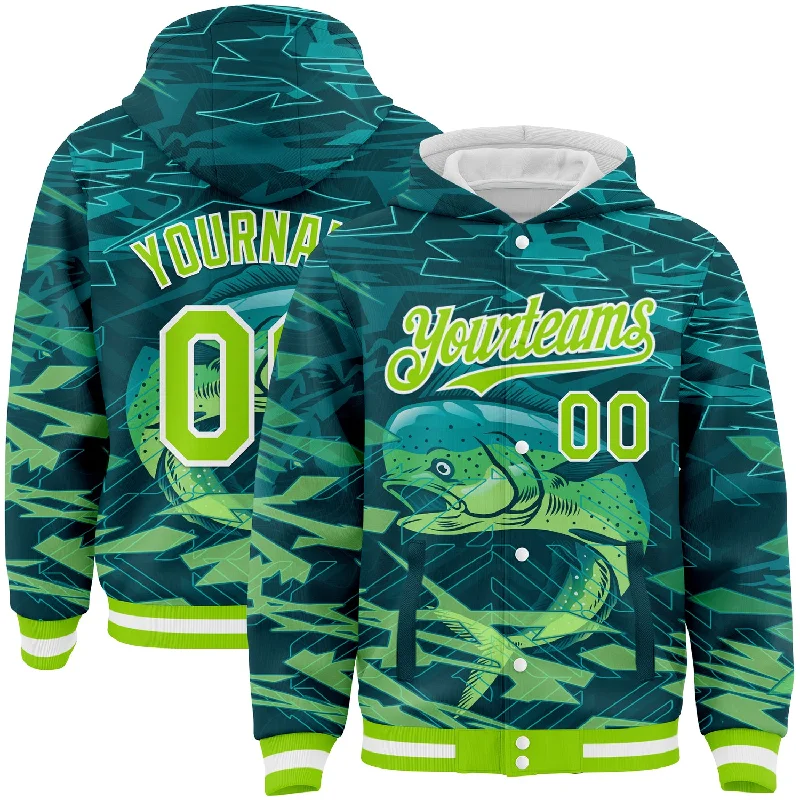 Fishing hook sharpening stone-Custom Teal Neon Green-White Mahimah Fish Fishing 3D Bomber Full-Snap Varsity Letterman Hoodie Jacket