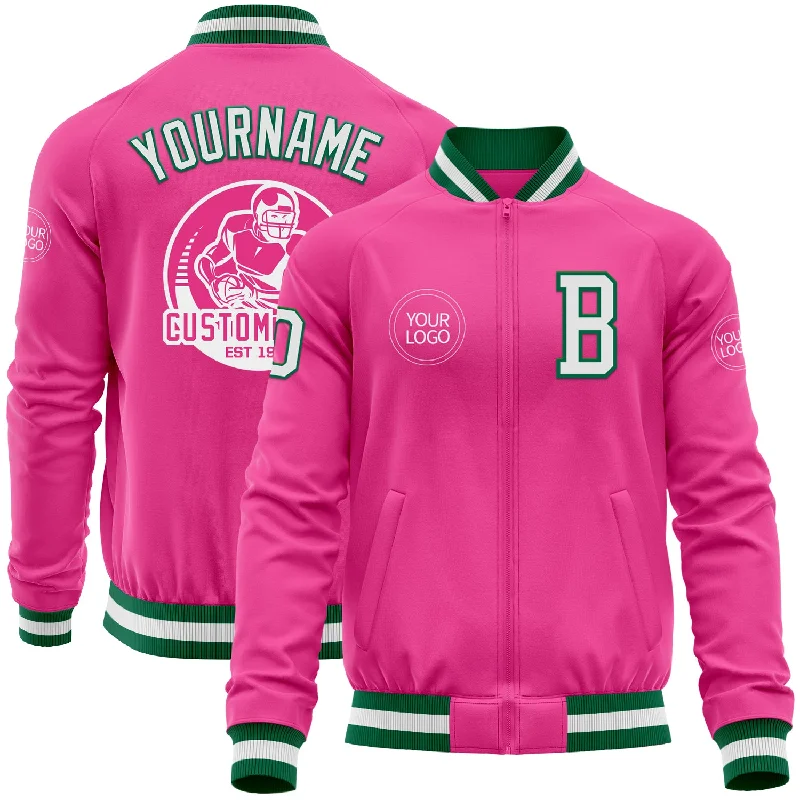 Fishing line coiler-Custom Pink White-Kelly Green Bomber Varsity Letterman Zipper Jacket