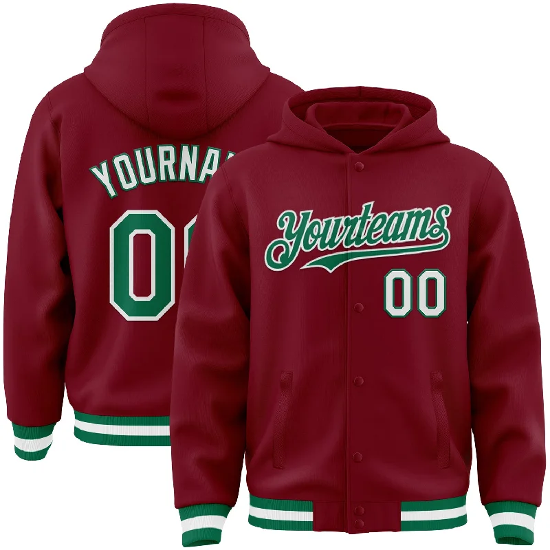 Fishing baiting needle-Custom Crimson Kelly Green-White Bomber Full-Snap Varsity Letterman Hoodie Jacket