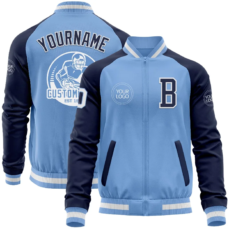 Fishing line knot tying device-Custom Light Blue White-Navy Bomber Varsity Letterman Two Tone Zipper Jacket