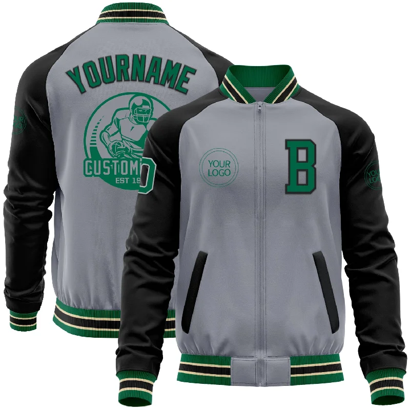 Fishing tackle stand-Custom Gray Kelly Green Cream-Black Bomber Varsity Letterman Two Tone Zipper Jacket